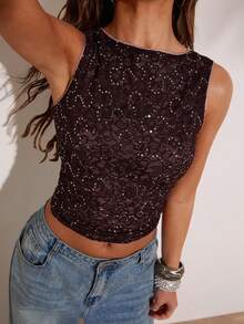 SHEIN BAE 女士休闲度假基础款蕾丝串珠面料上衣，适合海滩度假、日常穿着、休闲外出、朋友聚会、音乐节、通勤、浪漫约会等场合，设计款吊带背心，棕色蕾丝上衣 - 咖啡棕 - 查看 1