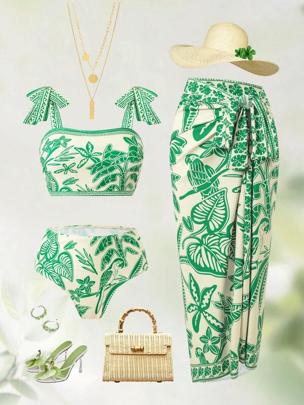 Swim Oasis Conjunto de biquíni feminino de 3 peças, elegante e sofisticado, com alças largas e amarração na cintura, perfeito para o verão.