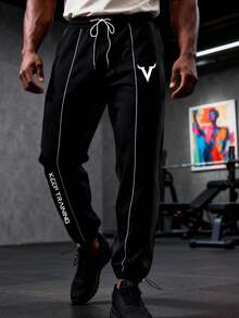 GymBeat 男士字母印花抽绳腰休闲百搭日常运动裤 - 黑色 - 查看 1