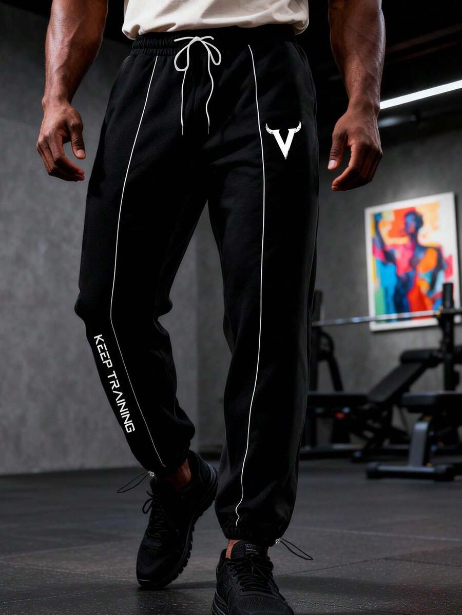 GymBeat 男士字母印花抽绳腰休闲百搭日常运动裤 - 黑色 - 查看 1