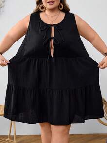 SHEIN CURVE+ 大码女士休闲百搭黑色棉质抽绳蝴蝶结无袖迷你连衣裙 - 黑色 - 查看 10