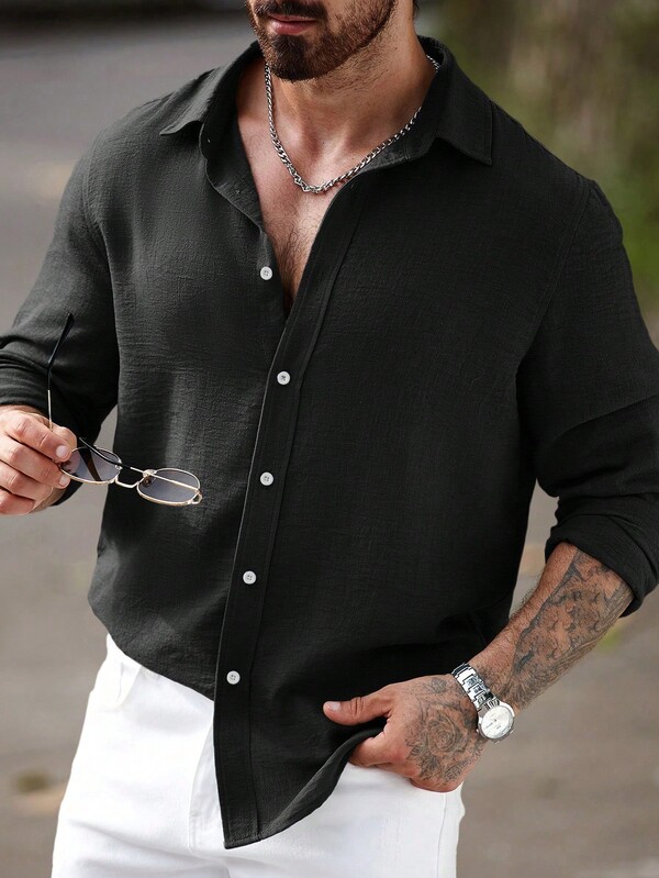 Manfinity CasualCool Men's Solid Color Single-Breasted Casual Linen Long Sleeve Shirt