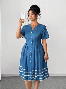 SHEIN Elenzya Vestido de verano elegante y de gran tamaño tejido al estilo francés para mujer - Azul - Ver 6