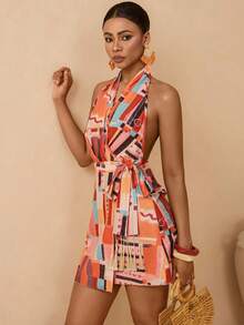 SHEIN Veneréa Women's Halter Backless Allover Print Tie-Waist Elegant Bodycon Mini Dress For Dates & Parties - Multicolor - View 4