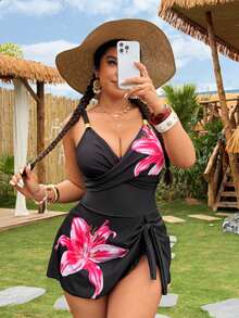 Swim Vcay 2026春夏新款印花连体泳衣，配有可拆卸胸垫、可调节肩带、优质面料、优雅交叉前襟和可爱蝴蝶结装饰，休闲时尚的海滩度假泳装 - 彩色 - 查看 4