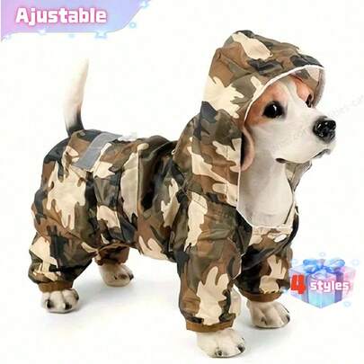 1Pc Camouflage Pet Dog Raincoat Dogs Rain Jacket Clothes Polyester Puppy Water Resistant Hooded Rainwear With Strip Reflective, 4 Legs Design With Leash Hole, Suit For Small Medium Large Dog