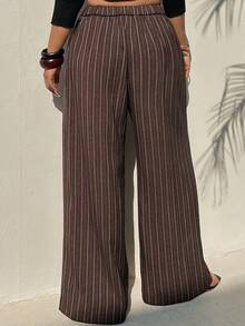 Dazy Plus Plus Size Women Loose Striped Casual Pants With Waist Tie, Suitable For Commuting, All Seasons - Brown - View 2
