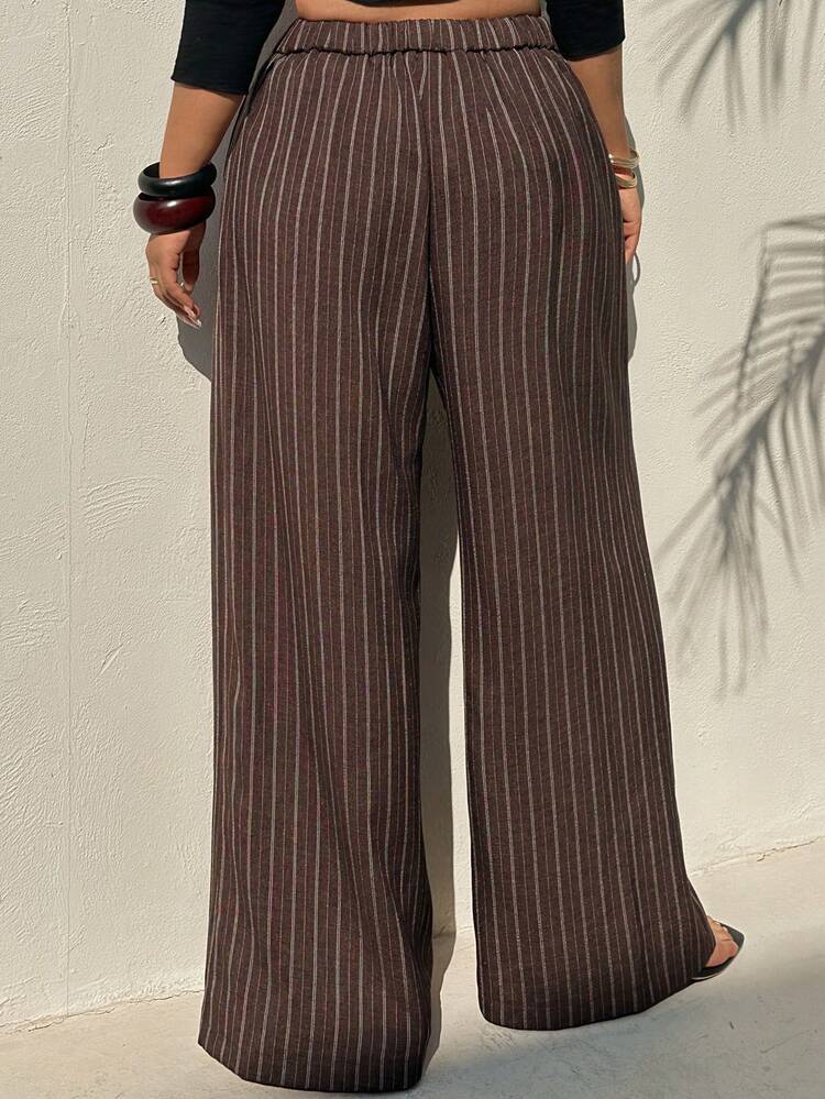 Dazy Plus Plus Size Women Loose Striped Casual Pants With Waist Tie, Suitable For Commuting, All Seasons