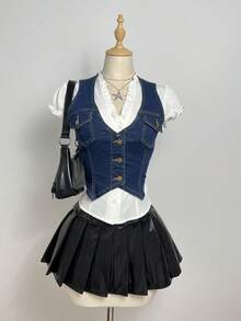 Elamini Y2K Fashion Casual Button-Up Sleeveless Denim Vest With Pockets - Dark Wash - View 6