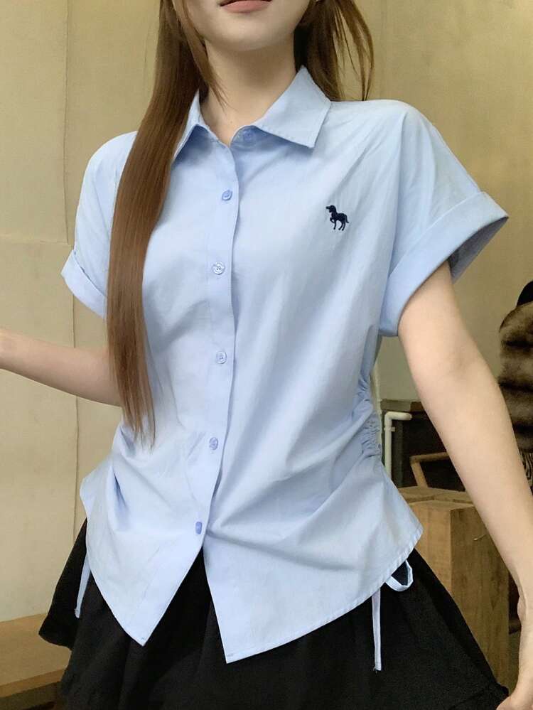 Women's Casual Contrast Color Embroidery Turndown Collar Drawstring Tie Shirt, Summer