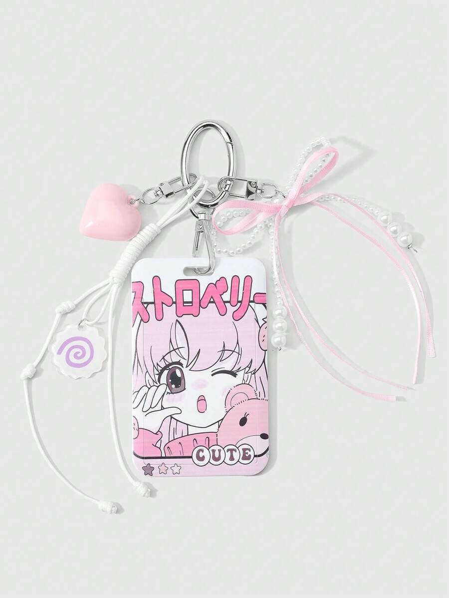 ROMWE Kawaii 1個新款二次元可愛卡通甜美手工串珠白色仿珍珠粉色流蘇蝴蝶結立體愛心手編皮繩魚骨捲飾卡通甜美女孩熊印花壓克力滑蓋卡套,校園卡套、星卡、交通卡套、身分證卡套,DIY鑰匙圈配件包掛飾,適合上班族、學生、派對愛好者,日常佩戴,節日禮物 - 粉色-101 - 查看 1