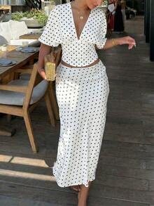 Aloruh 女士波点印花深V领蝙蝠袖收腰T恤，女士休闲装，女士夏季装，女士春季装 - 黑與白 - 查看 4