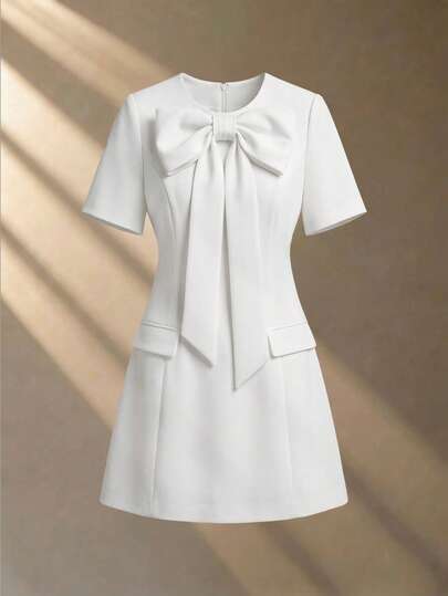 GlowEve Ivory White Round Neck Big Bow Tie Waist A-Line Dress With Fake Pocket Flap Decor, Elegant & Sophisticated, Suitable For Birthday Gift, Date, Party, Work, Professional Attire, Teacher Outfit, Student Style, Sweet Vibe, Travel & Vacation, Spring/Summer New Arrival, Short Sleeve A-Line Mini Dress
