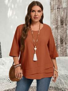 EMERY ROSE 大码不对称下摆绿色乡村衬衫秋季服装 - 鏽棕色 - 查看 7