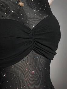 SHEIN ICON Sexy Partykleid in Große Größen für Frauen, schwarzes ärmelloses Mesh-Patchwork-Bodycon-Kleid, Cocktailkleid - Schwarz - Übersicht 9