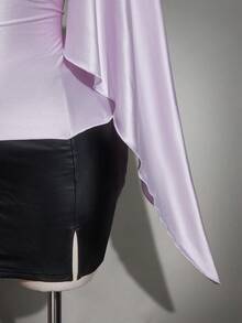 SHEIN ICON Plus Size Asymmetric Neck Ruffle Asymmetrical Flare Sleeve Satin Top, Suitable For Ball, Party, Date, Elegant Top - Mauve Purple - View 6
