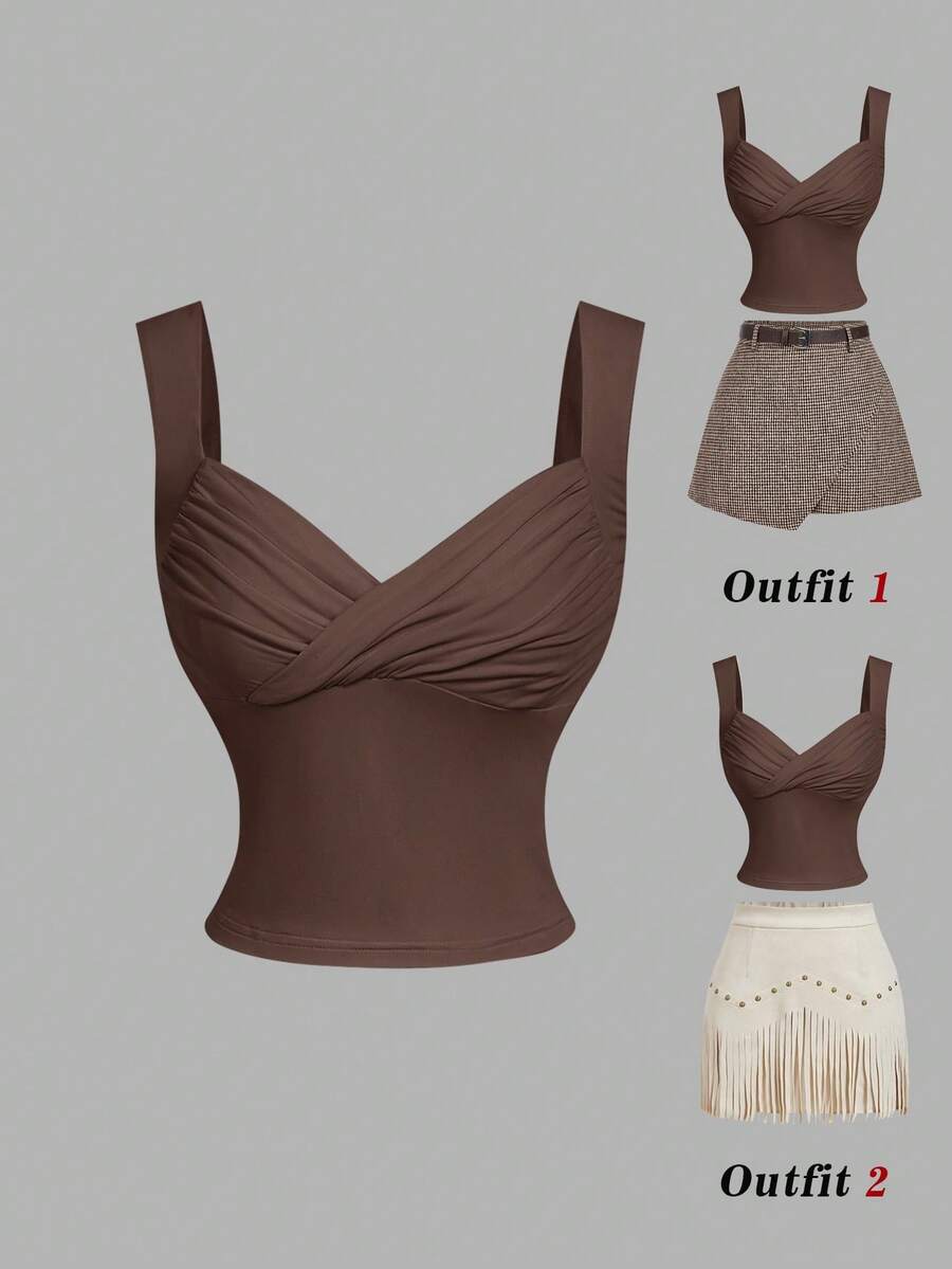 SHEIN MOD 女士纯色心形领口褶皱胸部修身针织吊带衫 - 咖啡棕 - 查看 1