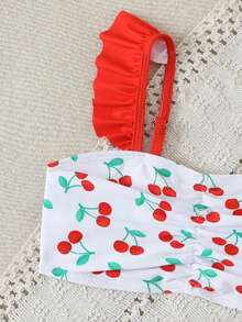 3件套女童（小号）樱桃印花荷叶边吊带泳衣 - 紅色 - 查看 4