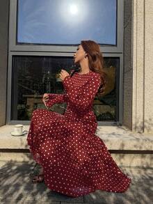 Pariaura 优雅圆领长袖收腰咖啡棕色波点荷叶边连衣裙，秋冬女装 - 紅色 - 查看 7