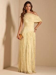 SHEIN BAE 女士春夏黄色蕾丝不对称肩部褶皱喇叭连衣裙，浪漫约会连衣裙，派对/鸡尾酒会连衣裙，正式场合连衣裙，伴娘礼服，生日迷你连衣裙 - 黃色 - 查看 1