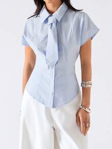LYSMO 2026 New Arrive Minimalism Spring/Summer Women's Solid Color Mandarin Collar Button Waist Short Sleeve Minimalist Office Shirt - Baby Blue - View 3