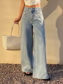 DAZY 女士常规款中腰水钻装饰阔腿休闲牛仔裤 - 淺色水洗藍 - 查看 6