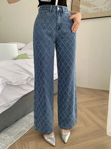 Dazy Tall Tall Women's Textured Plaid Loose Straight Leg Casual Jeans - Medium Wash - View 5