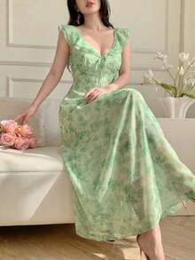Celisse French Elegant Botanical Print Sleeveless Dress - Green - View 1