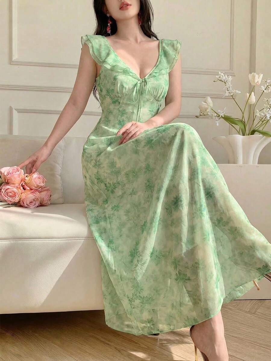Celisse French Elegant Botanical Print Sleeveless Dress - Green - View 1