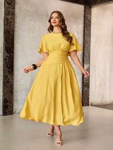 Roveilla Women's Mustard Yellow Summer Elegant Tea Party Dress,French Vintage Chiffon Round Neck Puff Sleeve Cinched Waist Ruched Gown Wedding Guest Dress - Light Yellow - View 3
