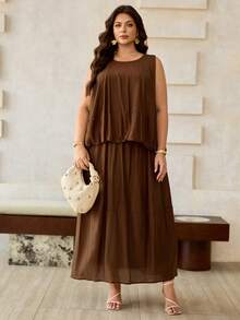 Roveilla Plus Size Women's Spring/Summer French Elegant Luxury Minimalist Design Casual Bohemian Vacation/Work Commute Vintage Style Comfortable Solid Color Semi-Sheer Sleeveless Blouse With Drawstring Waist And Pockets, Long Skirt Women Clothes Women's Dress Brown Dresses Women Casual Dresses Brown Dresses For Women Dress For Women Latest Dress Style For Women - Brown - View 3