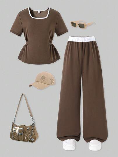 两件套女童T恤，撞色拼接时尚修身棕色针织T恤，搭配休闲宽松直筒运动裤，校园风、街头休闲装，适合春夏穿着