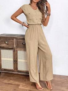 EMERY ROSE Women's Solid Color V-Neck Pocket Casual Jumpsuit Palazzo - Khaki - View 6
