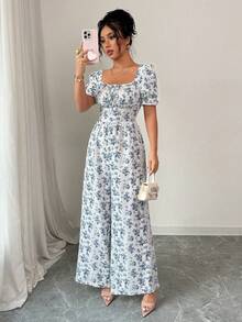 Rafferiza 女士优雅度假风束腰花瓣袖印花连体裤 - 藍色 - 查看 6