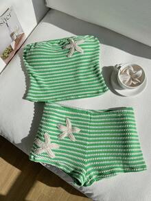 Comfortcana Set di top a fascia e pantaloncini a maglia con stelle marine e righe verdi per donna - Verde - Visualizzare 4