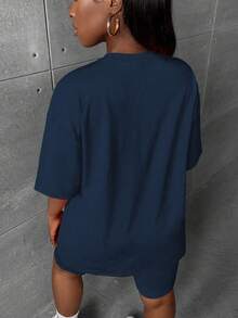 Slaydiva Plus Size Summer Casual Solid Color T-Shirt And Shorts 2 Pieces Set - Navy Blue - View 2