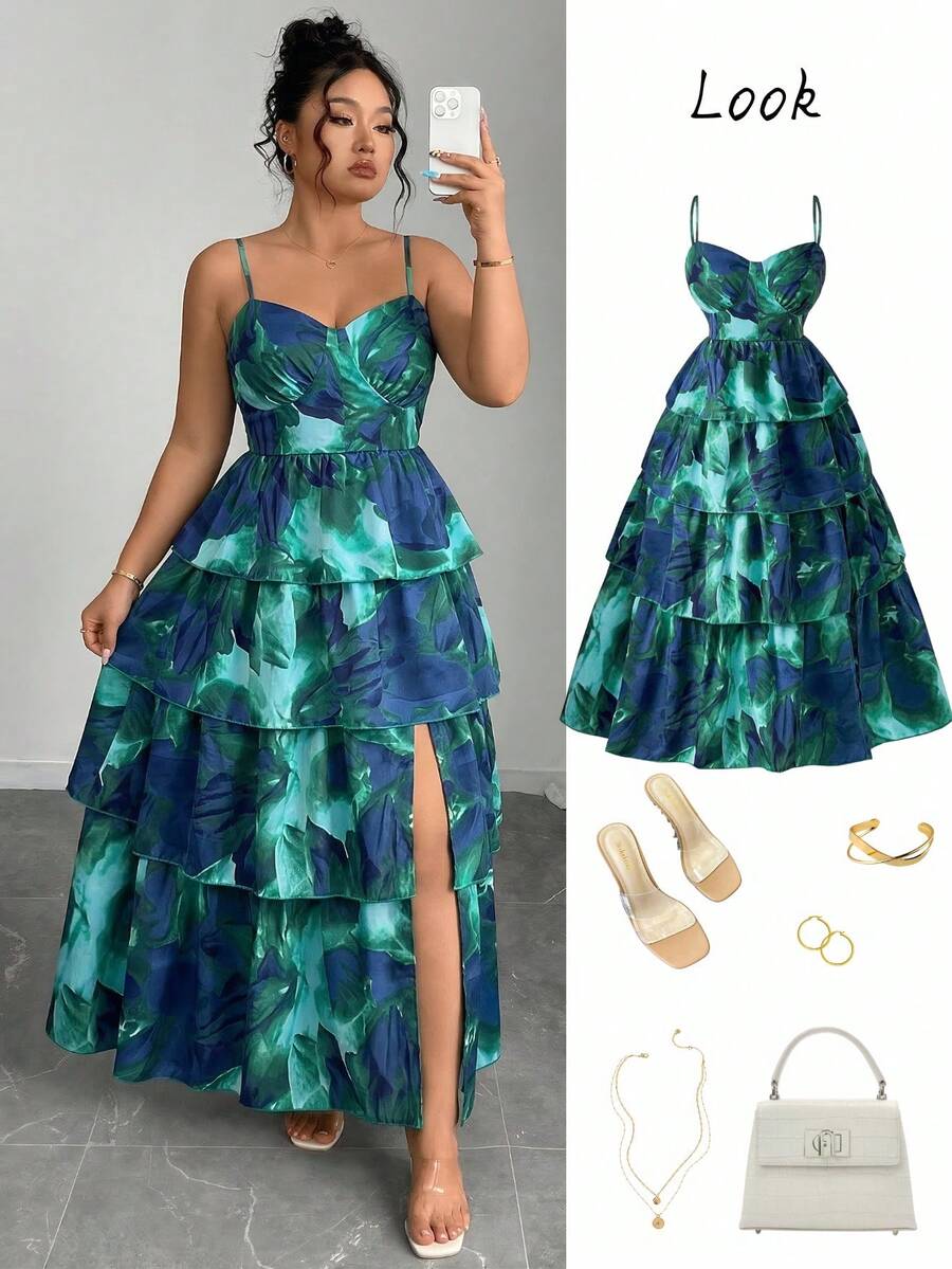 Rometta Robe de cocktail élégante à taille froncée et imprimé tout-sur-tout pour femmes grandes tailles - Vert - Voir 1