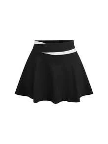 SHEIN Cheerettes Pantalon-jupe décontracté et polyvalent à blocs de couleurs pour les rendez-vous et les activités extérieures - Noir et Blanc - Voir 1