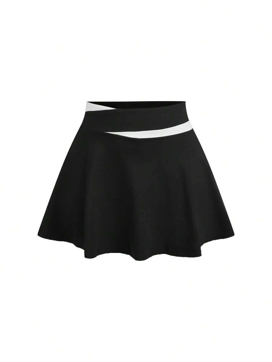 SHEIN Cheerettes Pantalon-jupe décontracté et polyvalent à blocs de couleurs pour les rendez-vous et les activités extérieures - Noir et Blanc - Voir 1