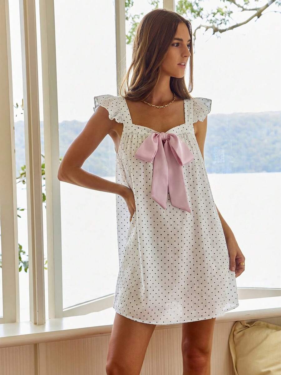 Aralina 女士睡衣优雅宽松娃娃衫迷你连衣裙，配缎带，非常适合圣诞节、新年、海滩度假和夏季假期。 - 白色 - 查看 1