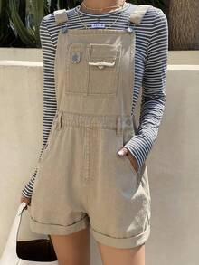 DAZY Women's Casual Loose Cotton Solid Color Denim Bib Pants, Suitable For Summer Beach Holiday - Khaki - View 4