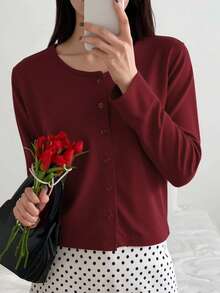 DAZY Áo thun nữ tay dài cổ tròn rộng rãi hở phía trước màu trơn, quần áo nữ mùa thu - Đỏ - Xem 2