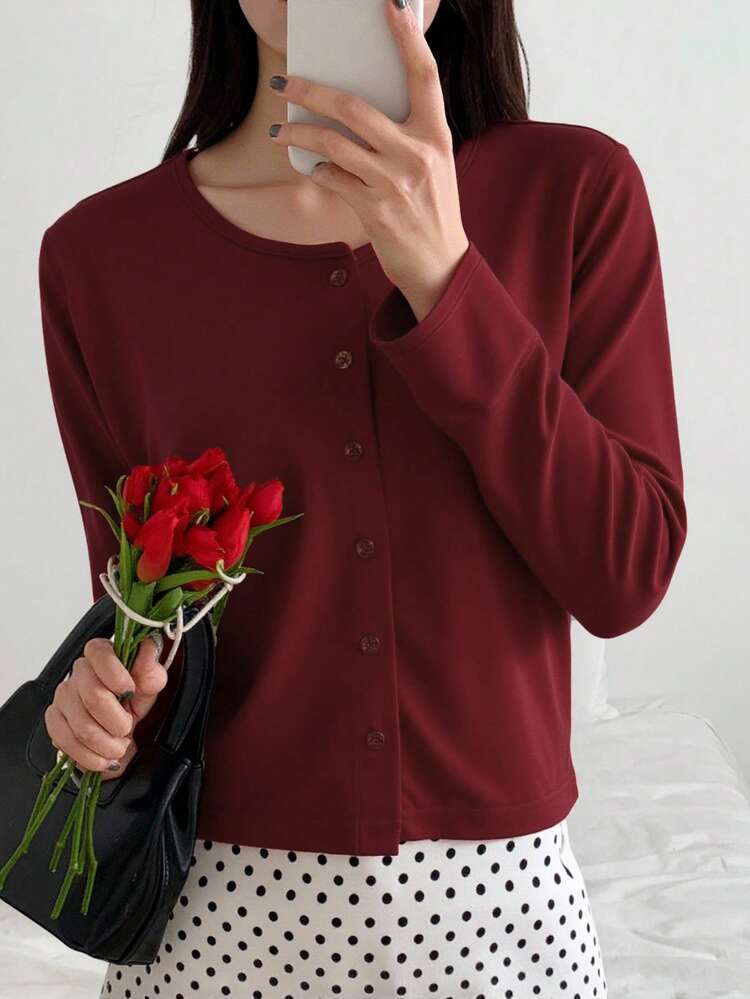 Women's Solid Color Round Neck Casual Loose Front Open T-Shirt Long Sleeve Women Tops,Fall Women Clothes