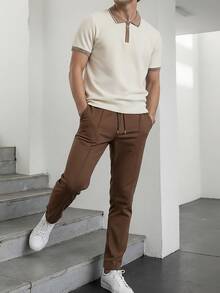 Manfinity Bizformal 男士短袖纹理面料拉链领 Polo 衫套装，适合居家、外出和办公穿着 - 杏色 - 查看 7