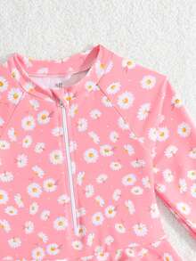 Girls' Pink Daisy Print Long-Sleeved Dress Swimsuit,Sun-Protective Quick-Drying Rash Guard For Kids,Half-Zip Skirt Design Summer Beach Holiday Outfit - Coral Orange - View 3