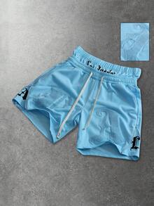 ROMWE MEN Street Life Men's Embroidered Shorts, Suitable For Daily Wear In Spring And Summer - Blue - View 3