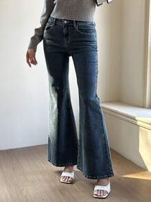 Women's Backpocket Wing Embroidery Slim Flare Jeans, Casual & Sexy - Medium Wash - View 6