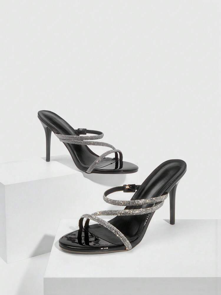 CUCCOO SZL Women Shoes Round Toe Stiletto Black Rhinestone Strip Women's High Heel Sandals Slippers Fashion Elegant Sexy Party Banquet Dating Nightclub Women's Sandals Women's Shoes