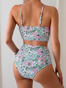 Swim Vcay Random Printed Tankini Set For Beach In Summer Vacation Two Pieces Sethigh Waisted Bikini Set - Multicolor - View 2