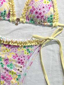 Swim Mod 女士新款格纹荷叶边V领露背三角系带比基尼泳衣两件套，春夏荷叶边比基尼节日系带比基尼套装，女士花卉比基尼三角比基尼，Zestiva泳装比基尼串珠比基尼配饰 - 彩色 - 查看 4